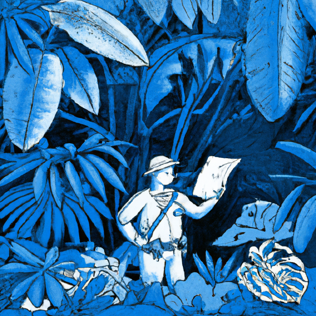 blue detailed monochrome illustration showing an explorer in a jungle looking for the perfect insurance product for his customers