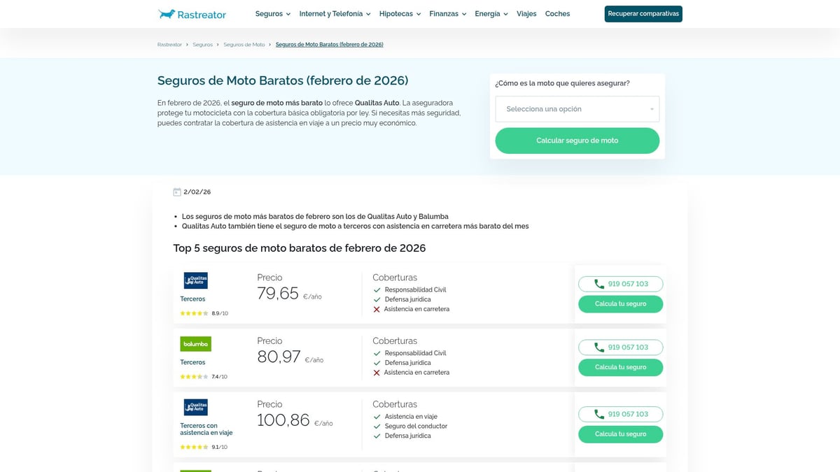 Página de Direct Seguros con el seguro de moto a terceros y sus garantías