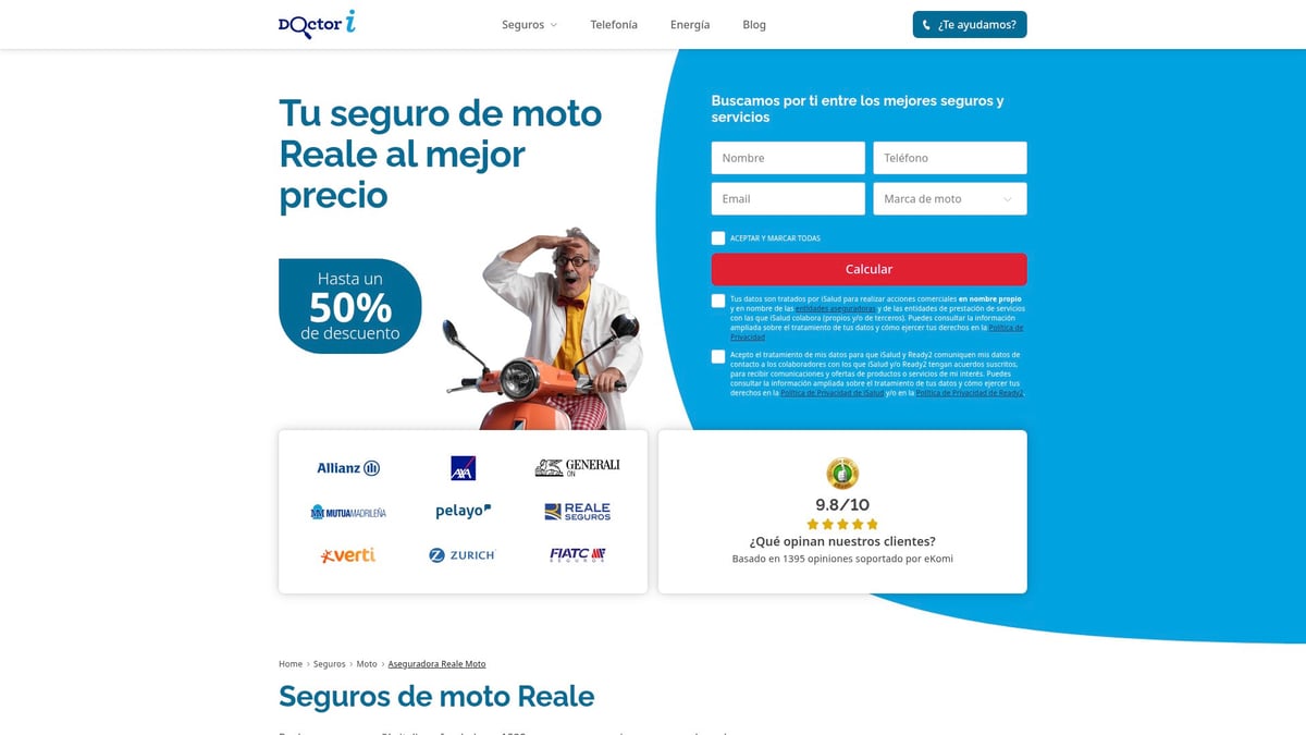 Web de Reale Seguros con las condiciones de su seguro de moto básico